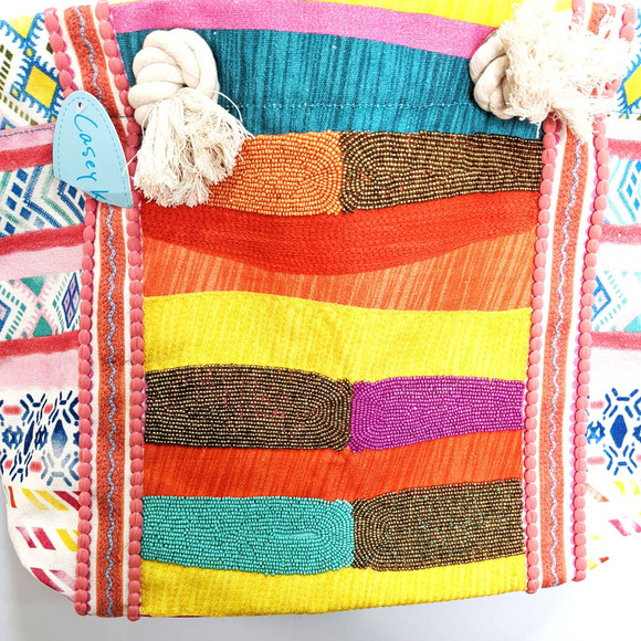Casey Key Beaded Cotton Boho Bright Rainbow Multicolor Rope Tote Bag Purse - Picture 3 of 12